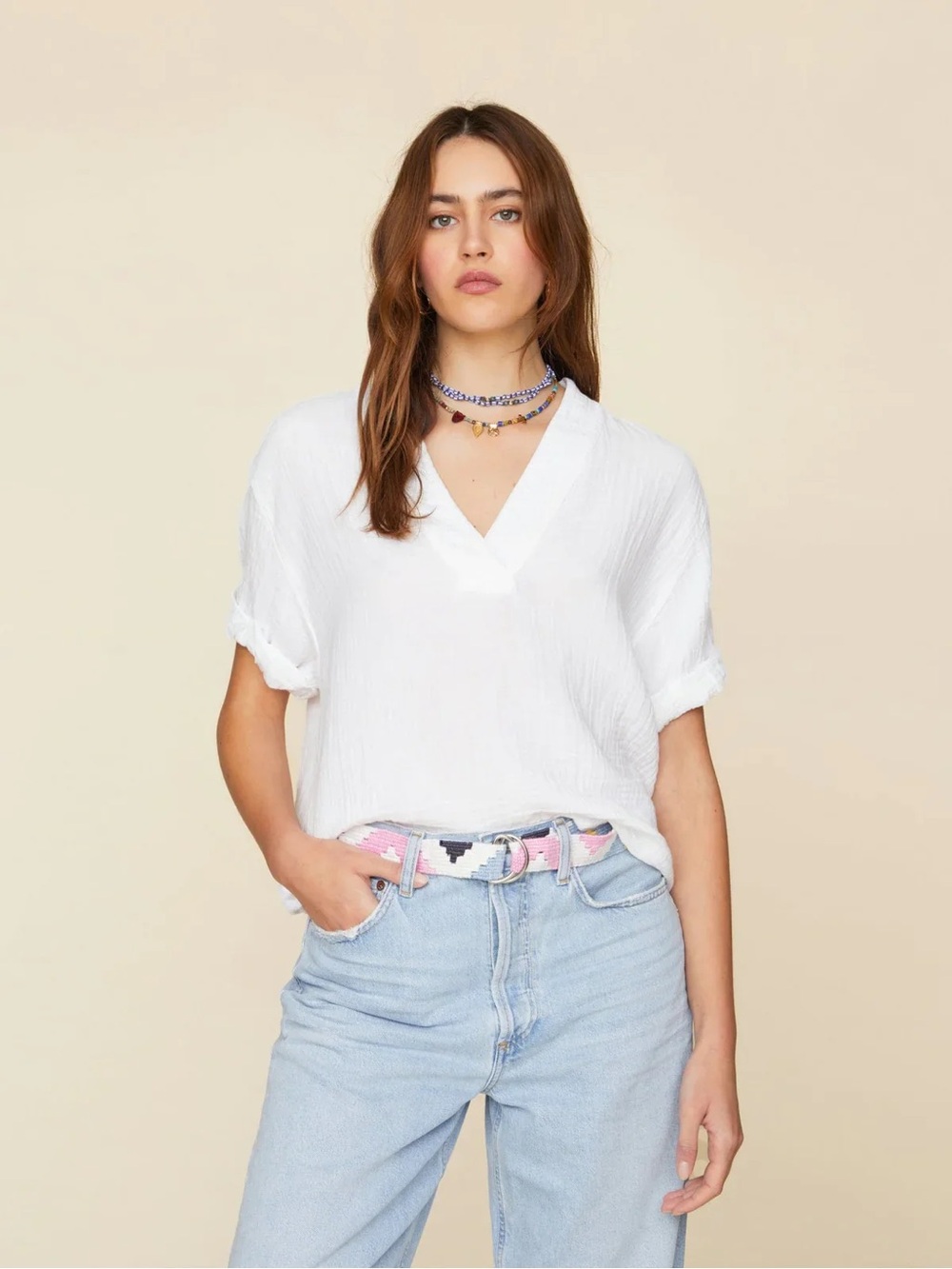 XiRENA White Avery Top Double Gauze Rolled Sleeves Oversized V Neck Size Small